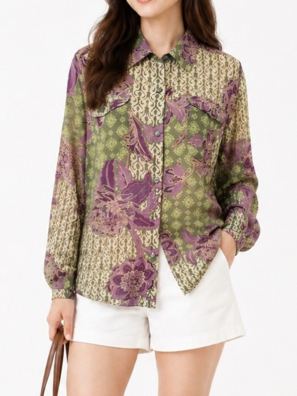 Evan-Picone Woman Size1X Floral Button Front Blouse Green Purple Boho Career Top